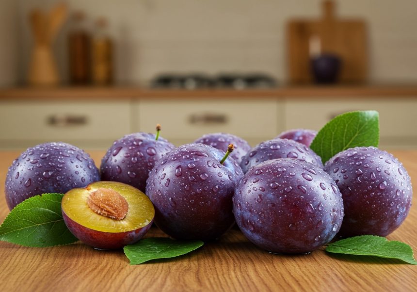 Čerstvé slivky s kvapôčkami vody na drevenej doske, jedna rozpolená.