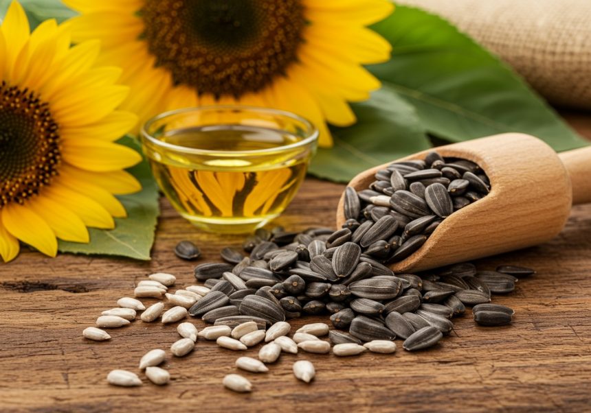 Slnečnicové semienka a olej na drevenej doske s kvetmi slnečníc.