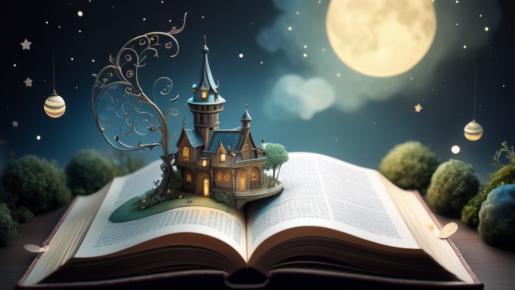 Kniha otvorená na stole, z ktorej vyrastá rozprávkový hrad pod nočnou oblohou.