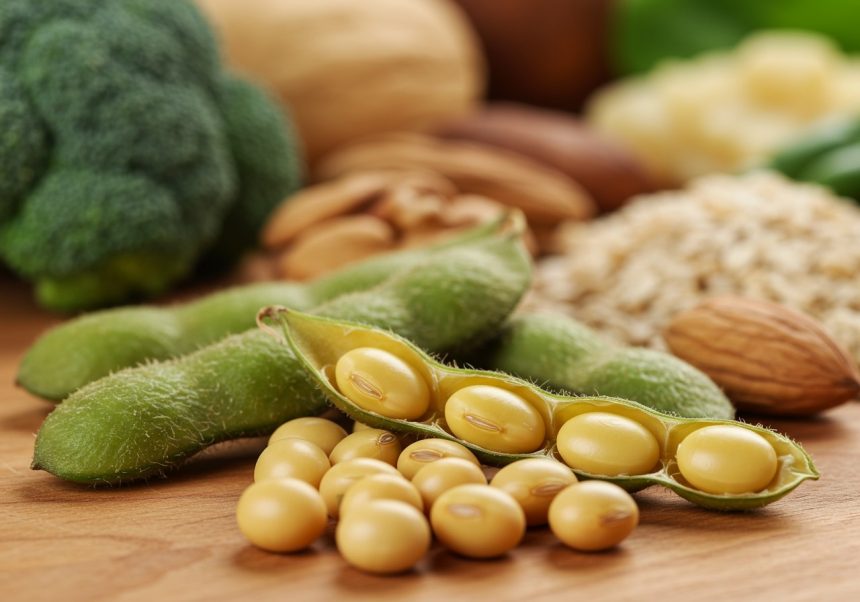 Zelené sójové bôby a ich šupky na drevenej doske, obklopené zdravými potravinami.