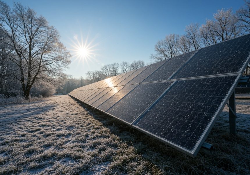 Solárne panely pokryté jemným mrazom, osvetlené zimným slnkom.