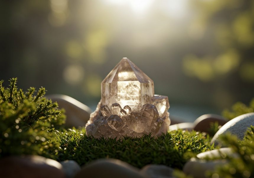 Krištáľový spinel kameň, ktorý leží zaliaty v zelených rastlinách a kamienkoch.