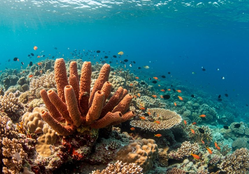 Špongiózny koral s jeho charakteristickými tvarmi v morských vodách.