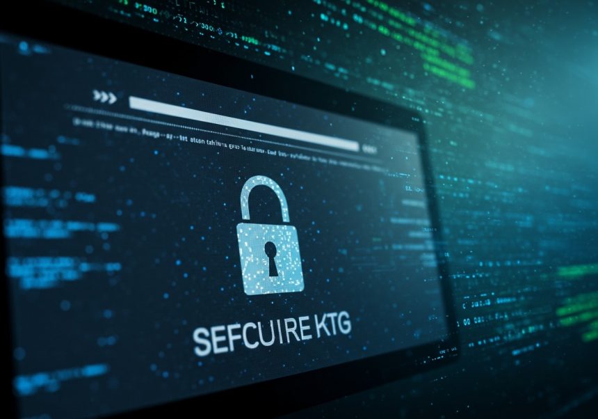 Obrazovka počítača s ikonou zámku a digitálnymi kódmi na pozadí.