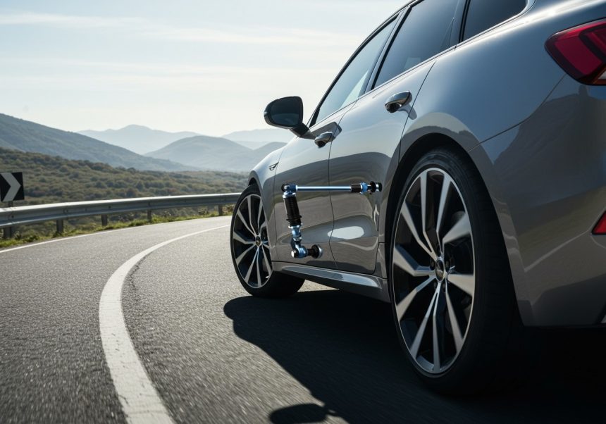 Automobil s viditeľnou stabilizačnou tyčou na ceste v zákrute.