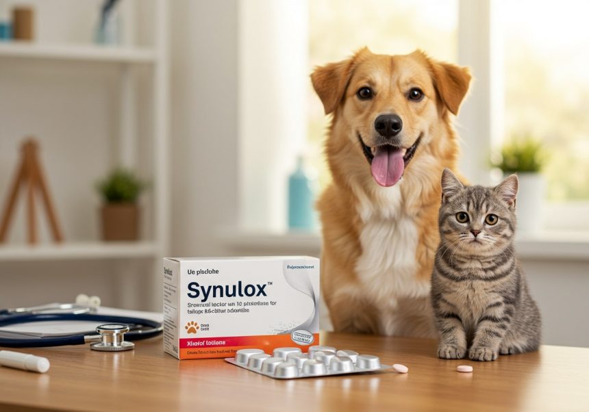 Pes a mačka s balením Synuloxu na stole, v pozadí veterinárske nástroje.