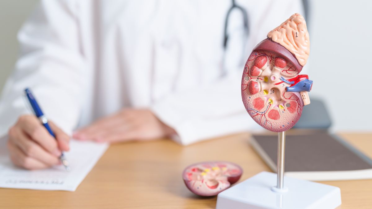 Model nadobličiek na stole, lekár píše poznámky.