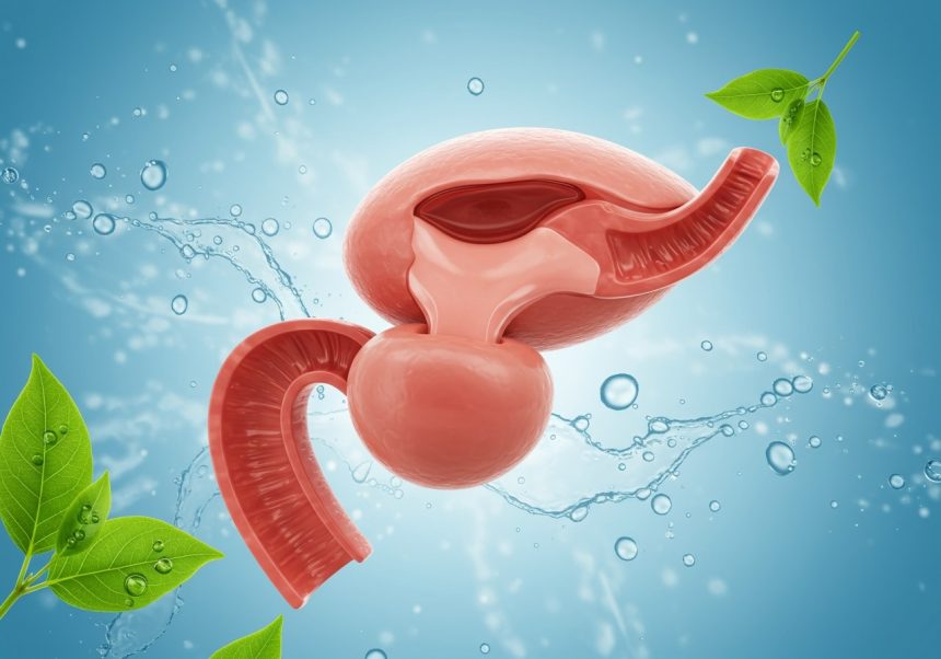 Anatomický model prostaty s vodnými prvkami a listami v pozadí.