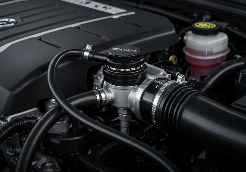 Detailný pohľad na automatický sýtič v motore auta, ktorý reguluje zmes paliva a vzduchu.