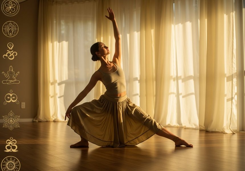 Žena tancuje v slnečnej miestnosti, vyjadrujúc harmóniu a pohyb.