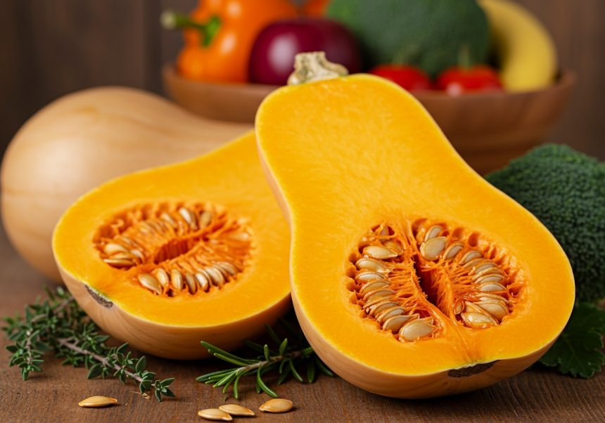 Rozpůlená tekvica s jasne oranžovou dužinou a semienkami, obklopená bylinkami.