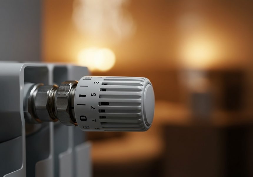 Detailný pohľad na termostatický ventil na radiátore v interiéri.