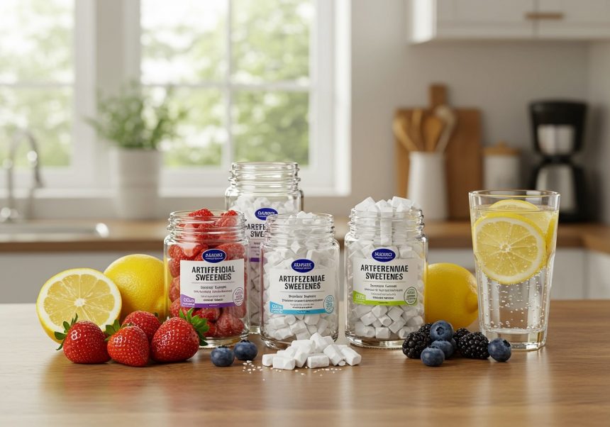 Rôzne umelé sladidlá a čerstvé ovocie na drevenom stole v kuchyni.