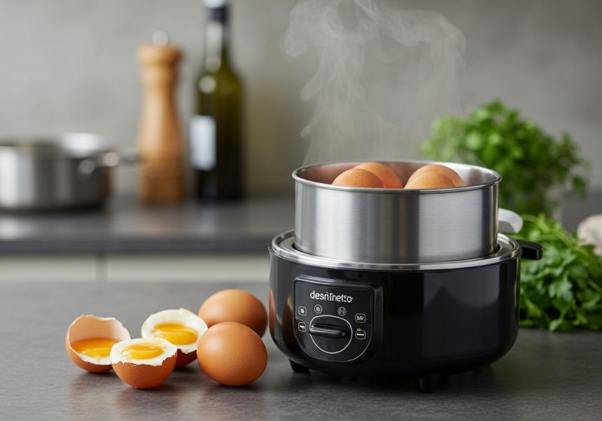Elektrický varič vajec s parou a uvarenými vajcami v nerezovej nádobe.