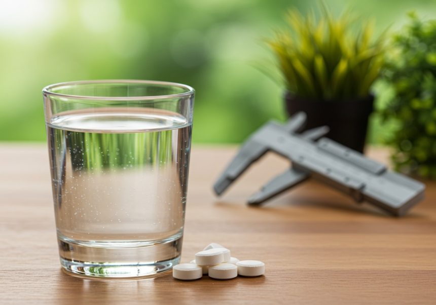 Sklenený pohár s vodou a tabletami vápnika-citrátu na drevenom stole.