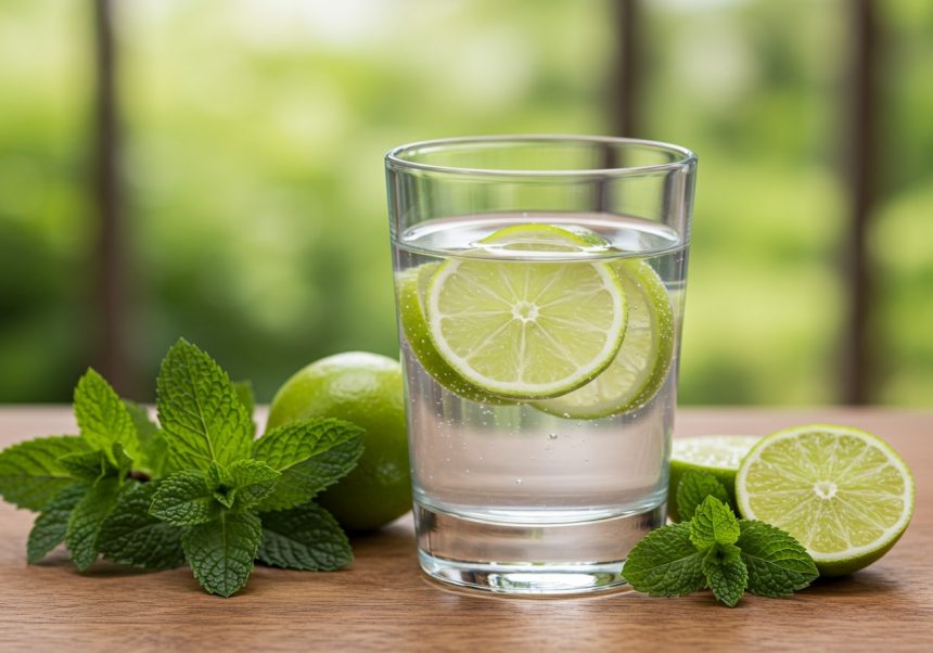 Sklenený pohár s vodíkovou vodou, ozdobený plátkami limetky a mätou.