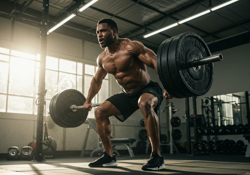 Muž cvičiaci s ťažkou činkou v posilňovni, zameraný na výbušný tréning.