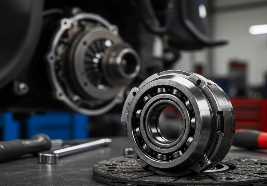 Detail vypínacieho ložiska spojky na pracovnom stole mechanika.