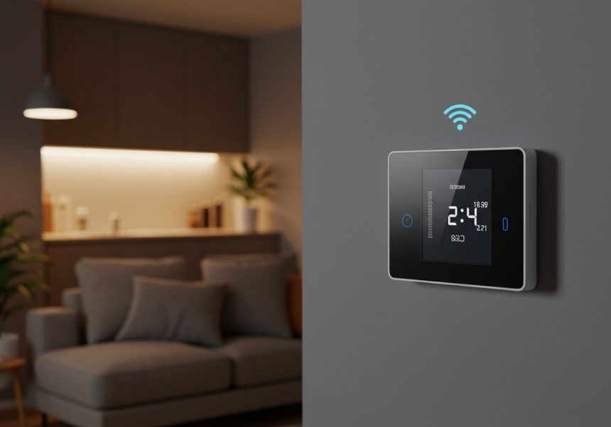 Moderný WiFi termostat na stene, zobrazuje aktuálnu teplotu a čas.