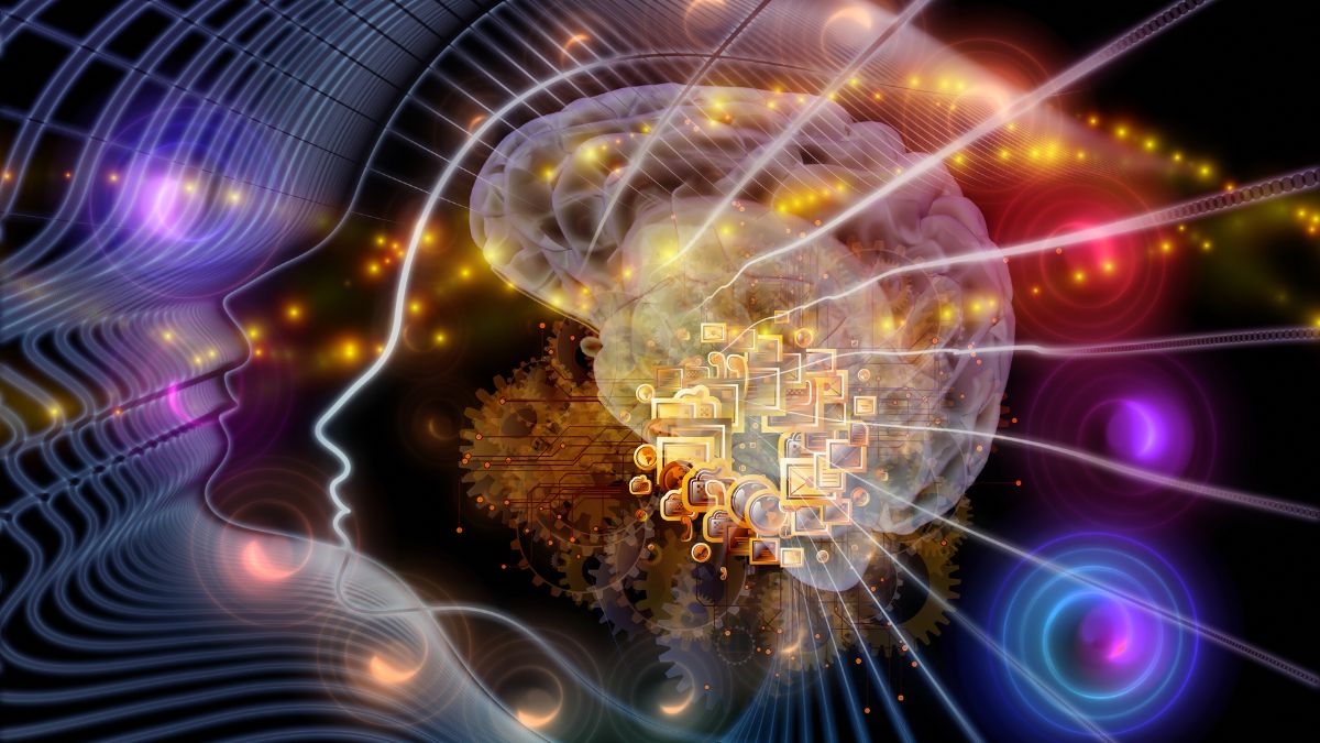 Abstraktný pohľad na hlavu s mozgom a energetickými prúdmi, symbolizujúci duchovný rast.