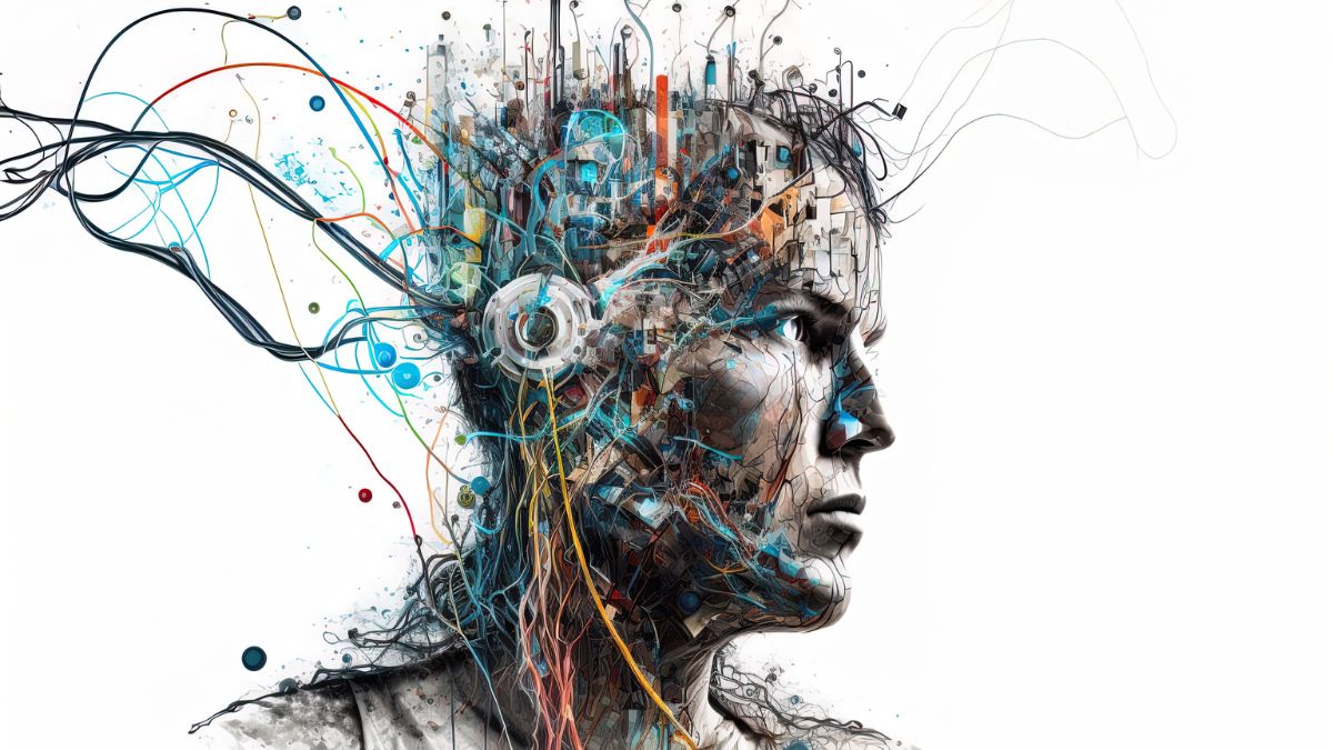 Abstraktný portrét človeka s prepojenými nervovými dráhami a technológiou.