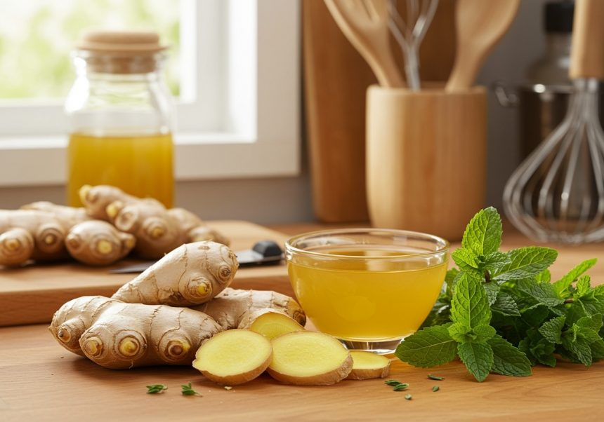 Čerstvý zázvor a zázvorový čaj na drevenej doske v kuchyni.