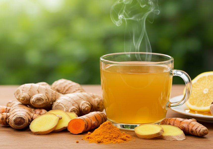 Hrnček zázvorovo-kurkumového čaju s čerstvým zázvorom a kurkumou.