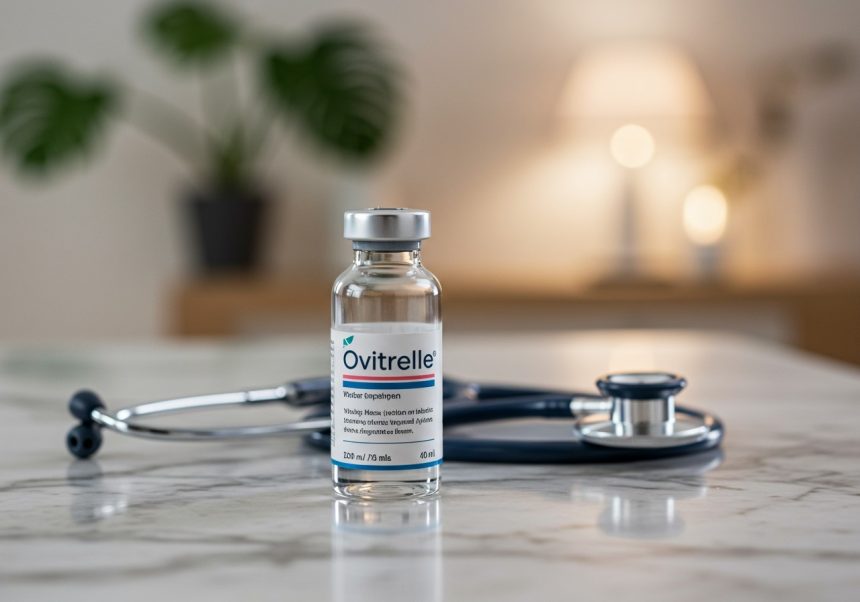 Fľaša Ovitrelle na lekárskom stole s fonendoskopom v pozadí.