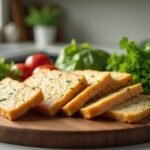 Kúsok tofu na doske s čerstvou zeleninou a bylinkami