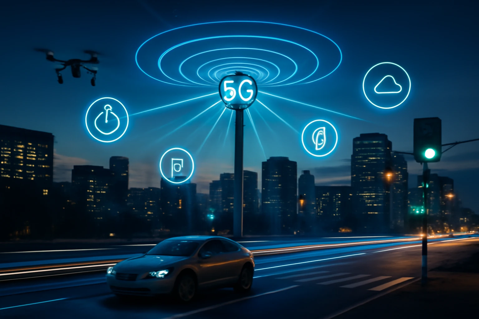 Nočná mestská scéna s autom a dronom, 5G signálom a ikonami technológie.