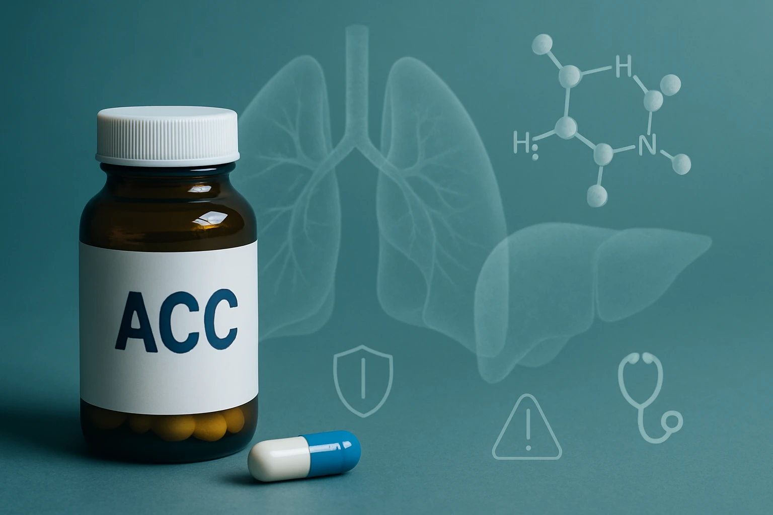 Hnedá fľaša s liekom ACC a modro-bielou kapsulou na pozadí pľúcneho diagramu.