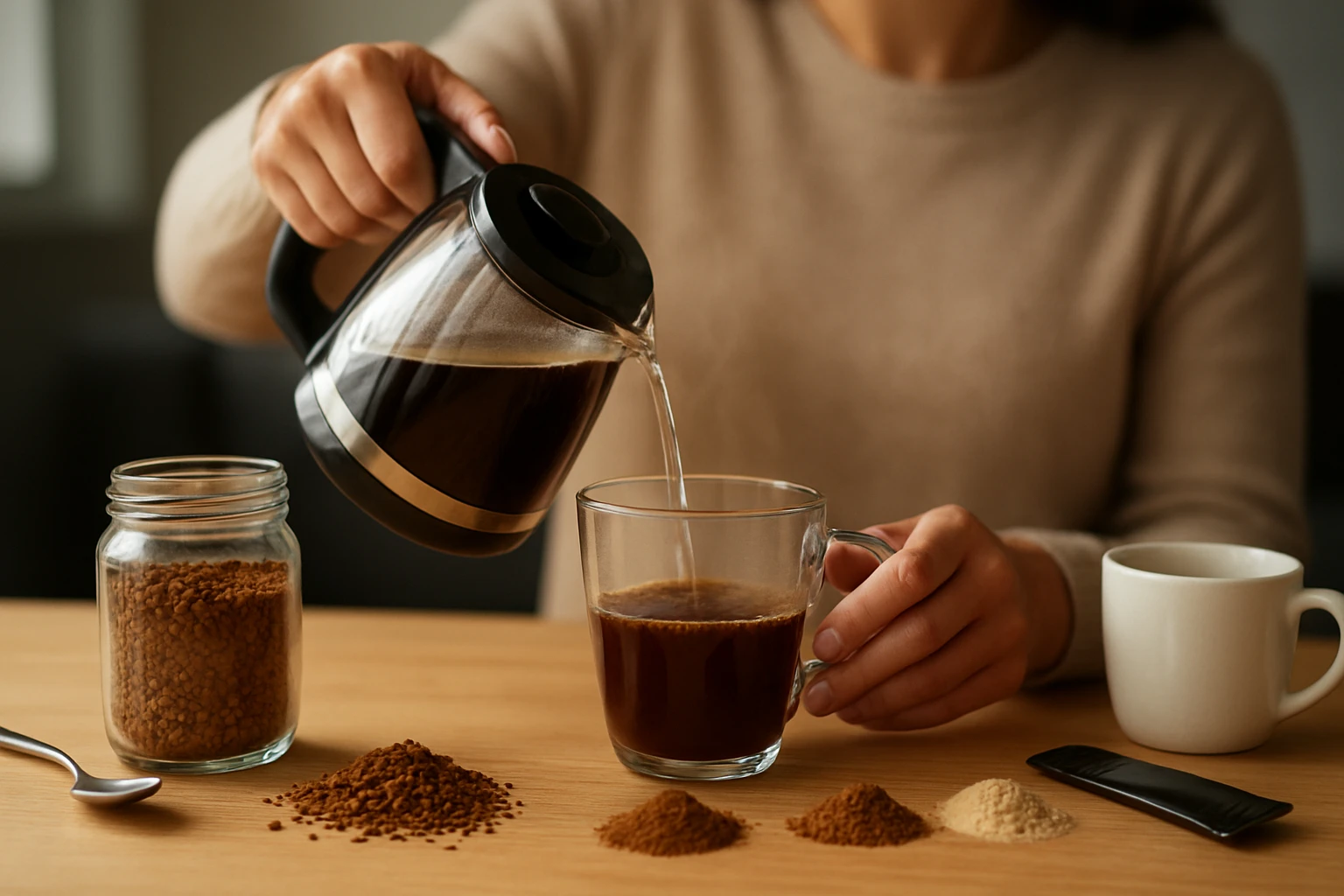 Žena nalieva čerstvo uvarenú kávu do sklenenej šálky na drevený stôl.