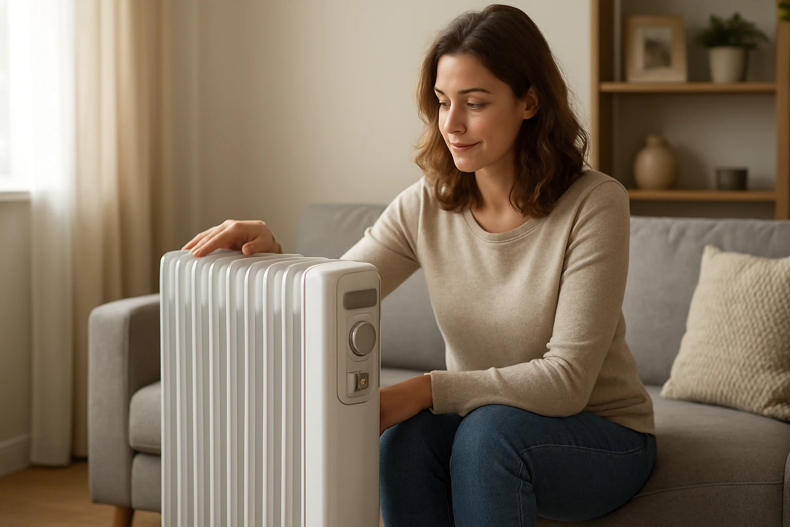 Žena sedí na pohovke a ovláda elektrický radiátor v obývacej izbe.