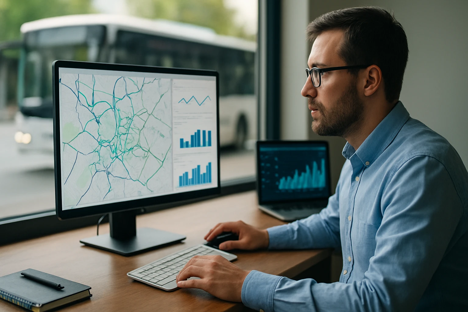 Muž pracuje na počítači, analyzujúc mapy a grafy dopravy.