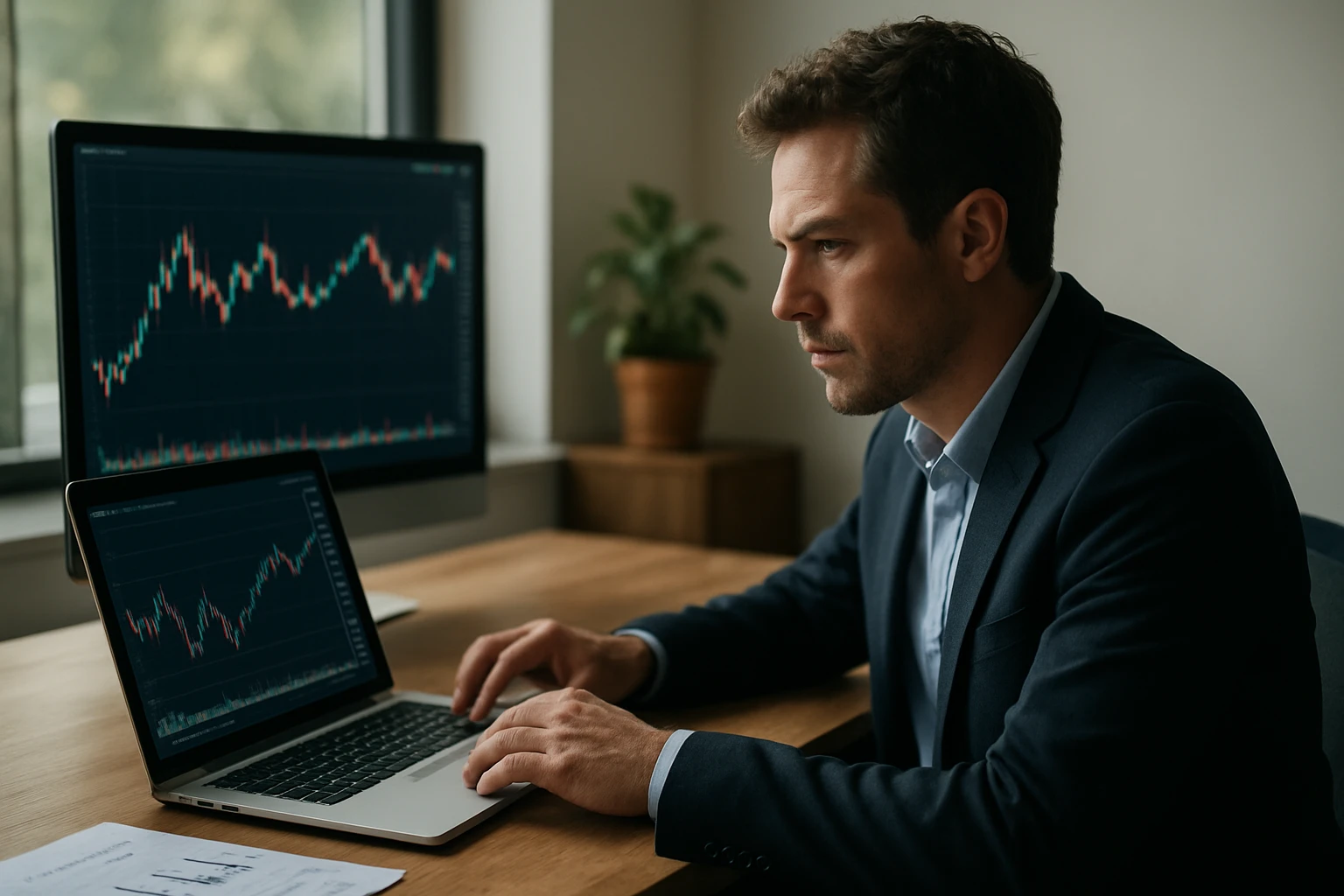 Muž v obleku pracuje na laptopu s grafmi na obrazovkách.
