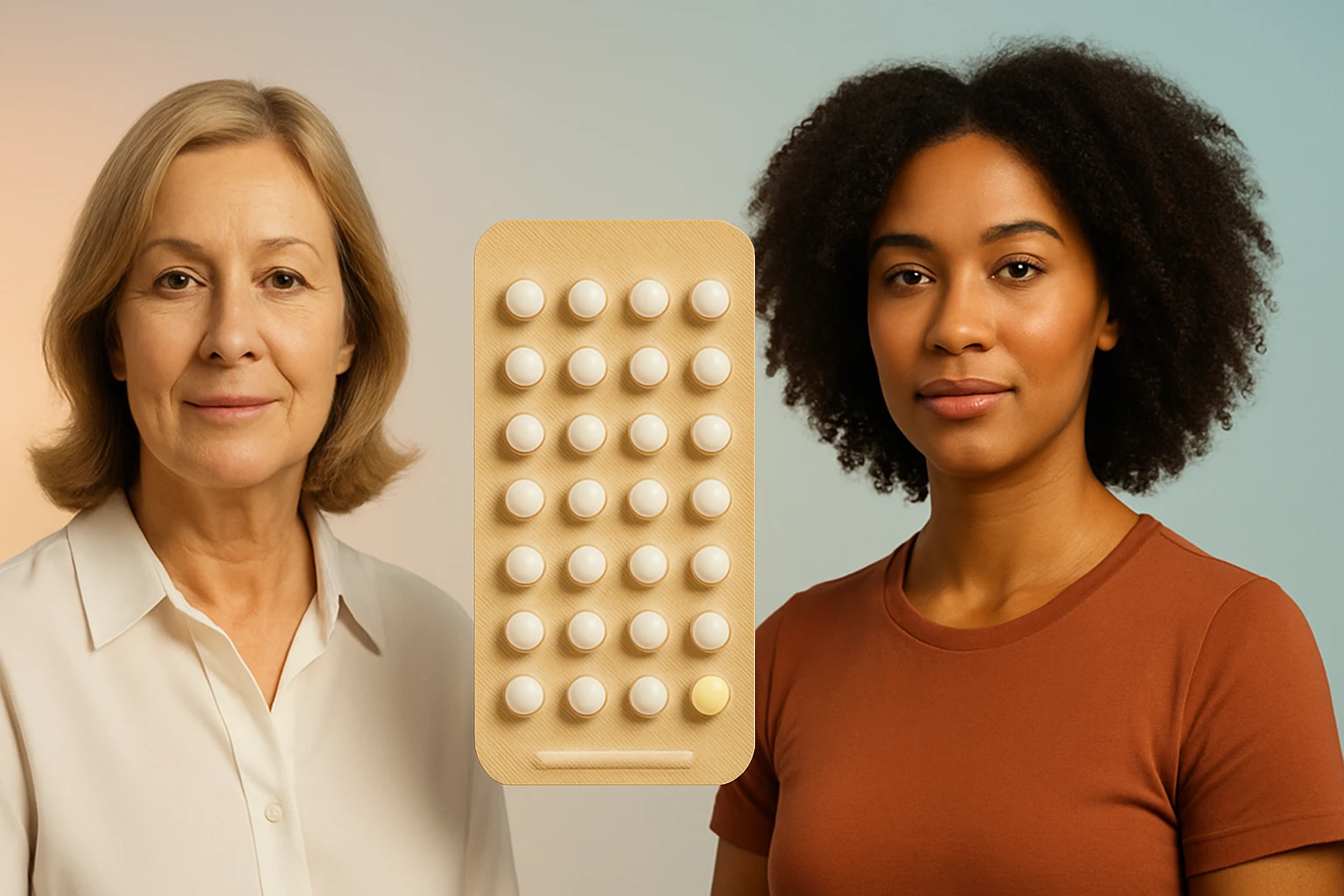Dve ženy, staršia a mladšia, stoja vedľa balenia antikoncepčných tabliet.
