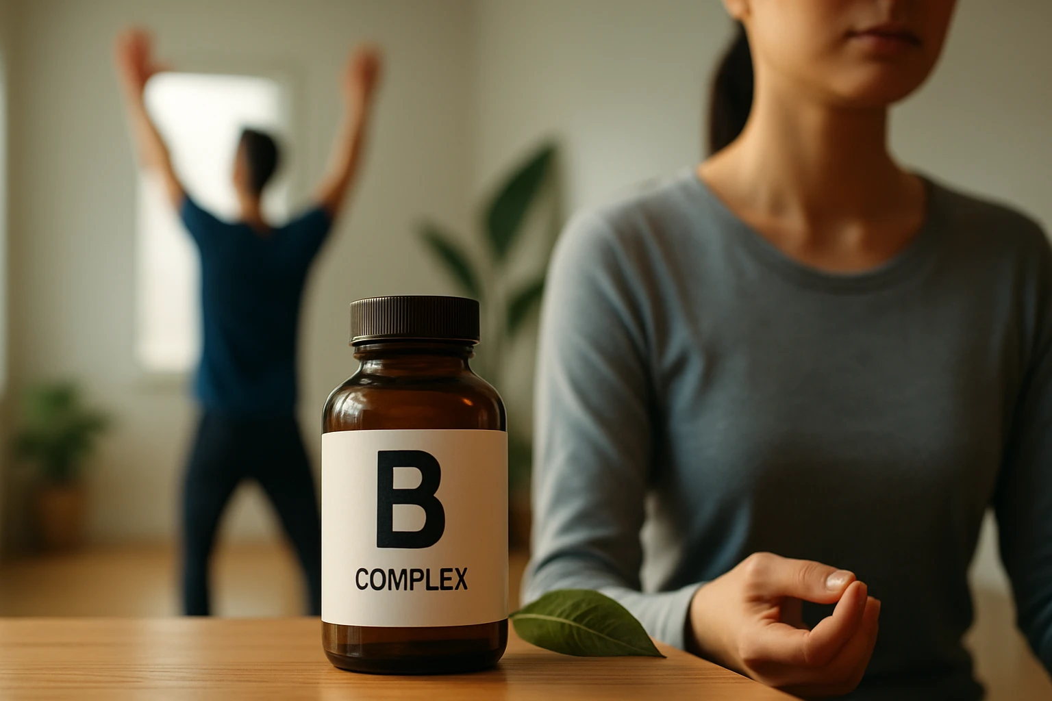 Fľaša B komplexu na stole, nő a háttérben edz, figyelmes arccal.