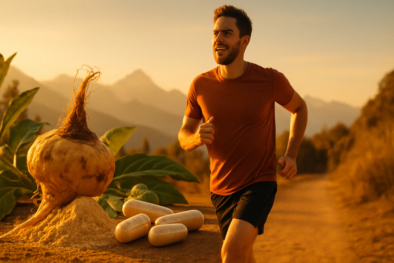 Muž beží na ceste s koreňom a doplnkami v pozadí, v prírodnom prostredí.