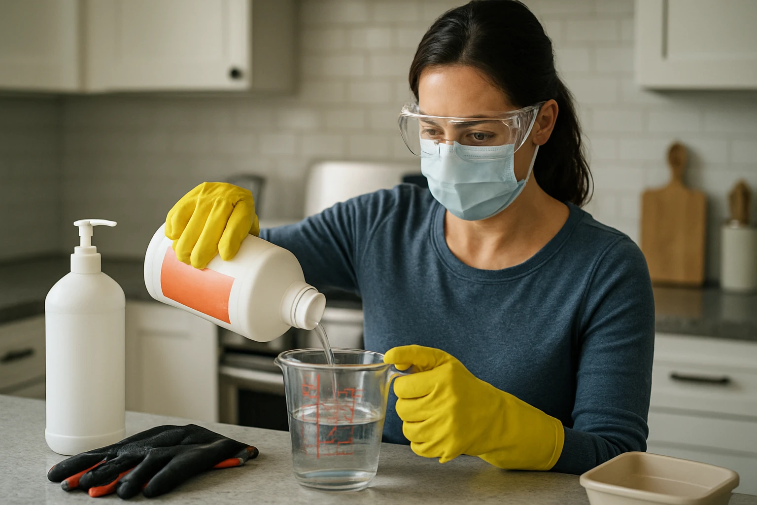 Žena v ochranných rukaviciach a maske nalieva čistiaci prostriedok do pohára s vodou.