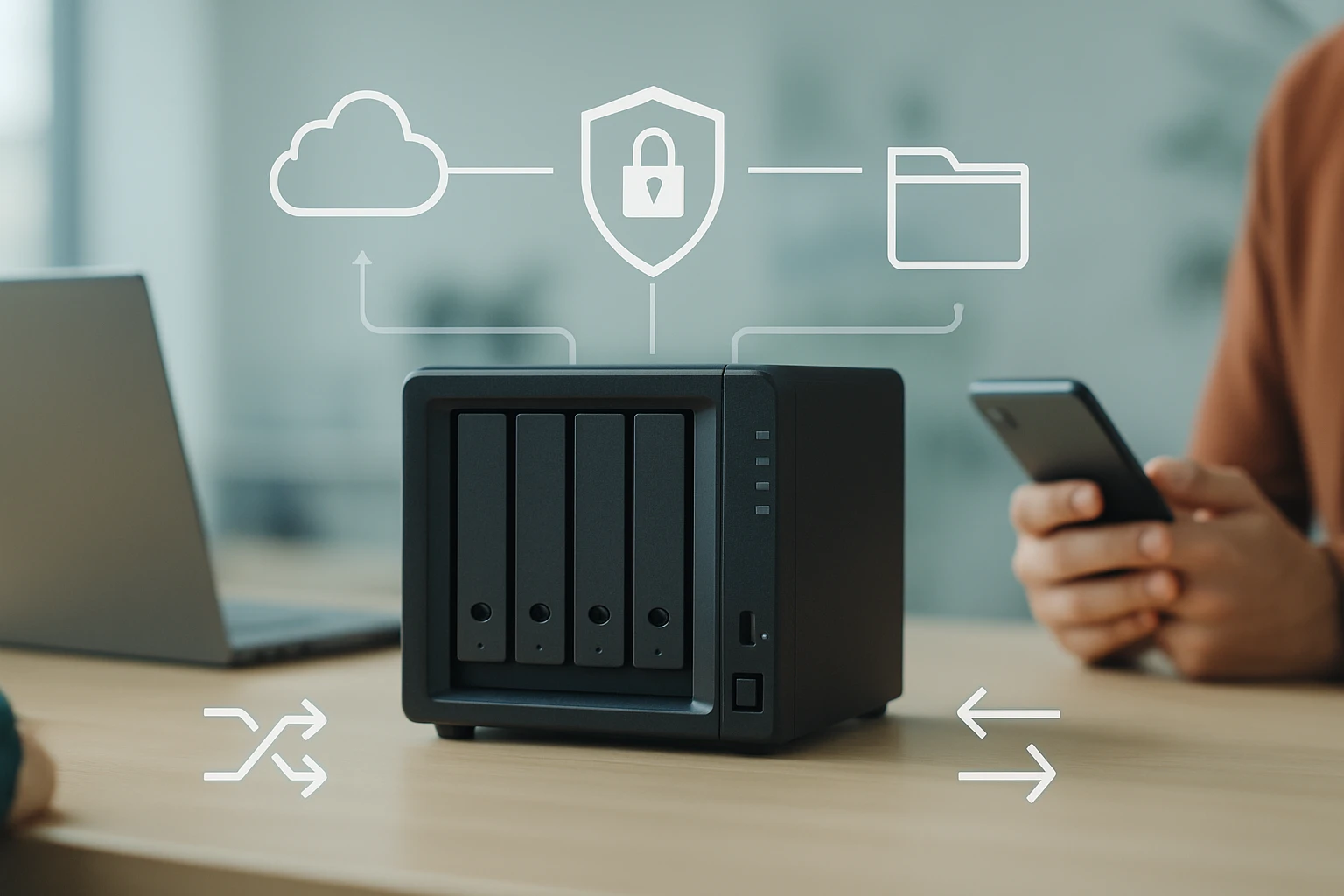 Čierny NAS server s viacerými diskovými pozíciami na stole, vedľa mobilného telefónu.