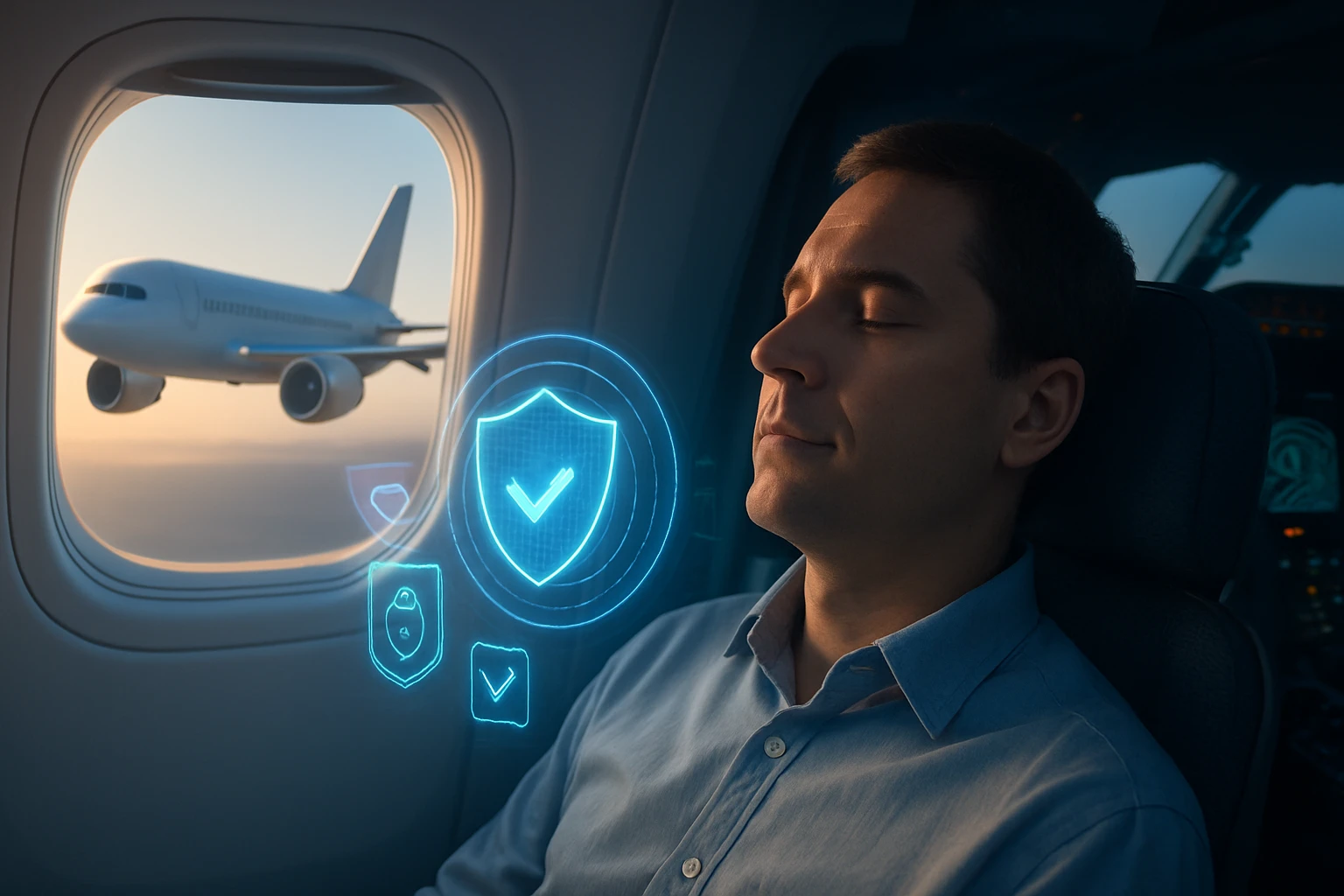 Muž relaxuje v lietadle, kým sa na horizonte objavuje iné lietadlo.