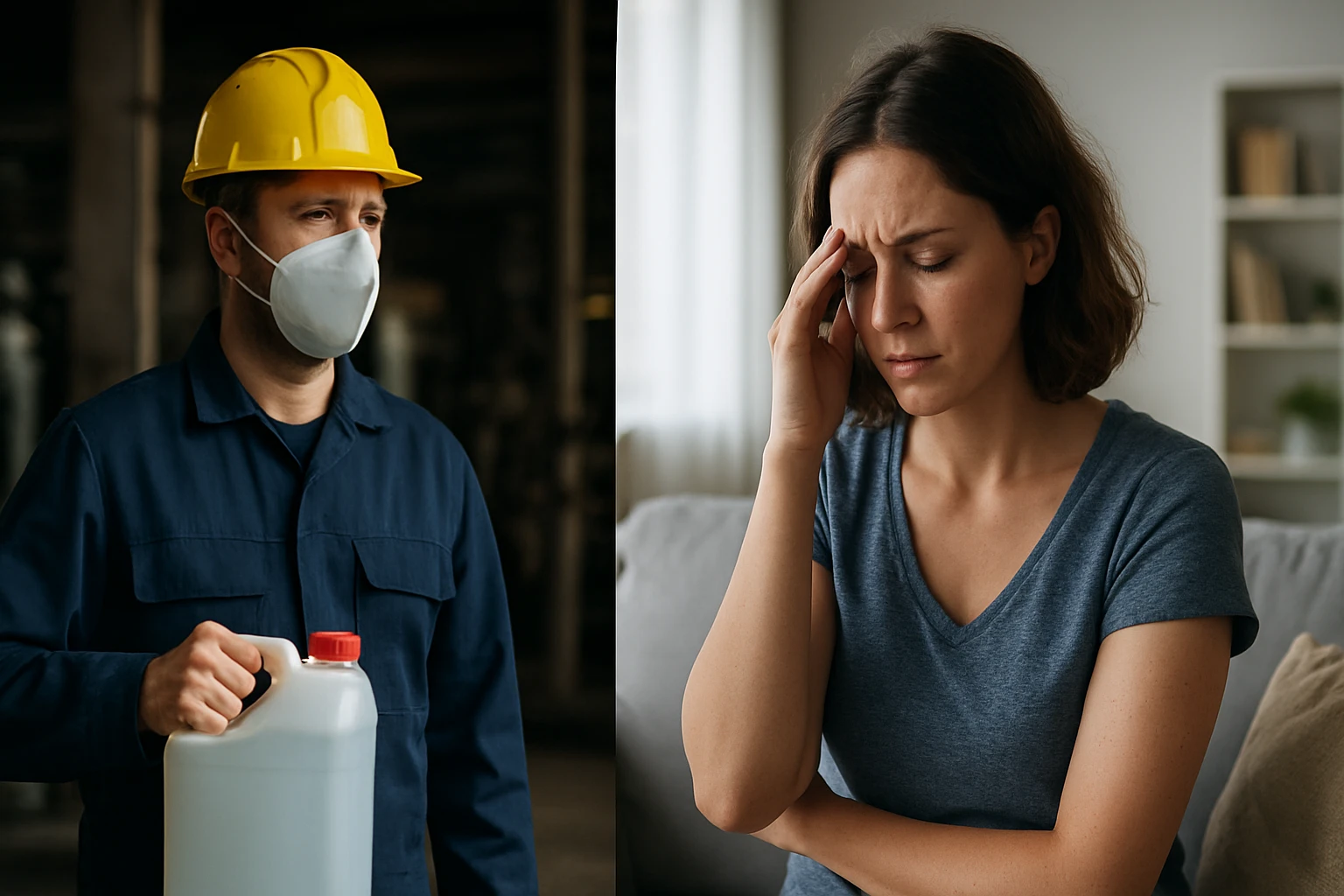 Muž v ochranném oblečení a maskě drží nádobu s chemikálií, žena se drží za hlavu.