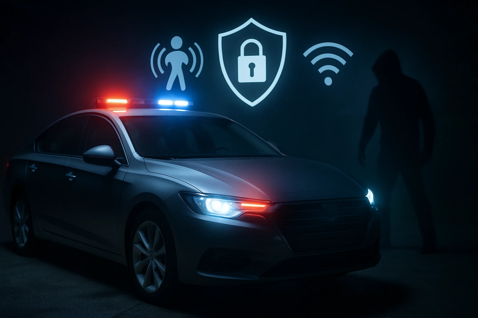 Strieborné auto s modrými a červenými majákmi v tme, v pozadí symboly bezpečnosti.