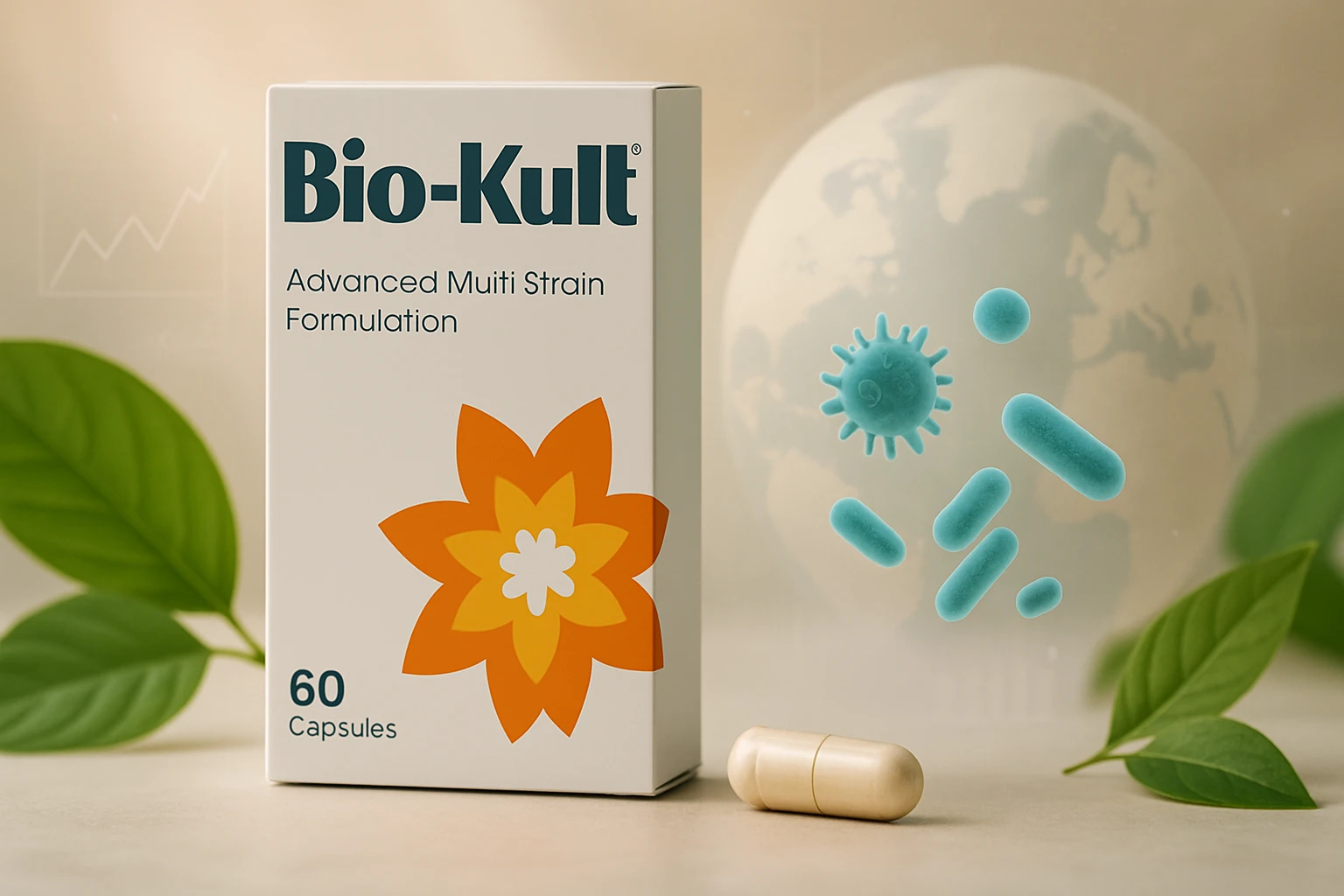 Balenie probiotického doplnku Bio-Kult s kapsulami a mikróbmi.