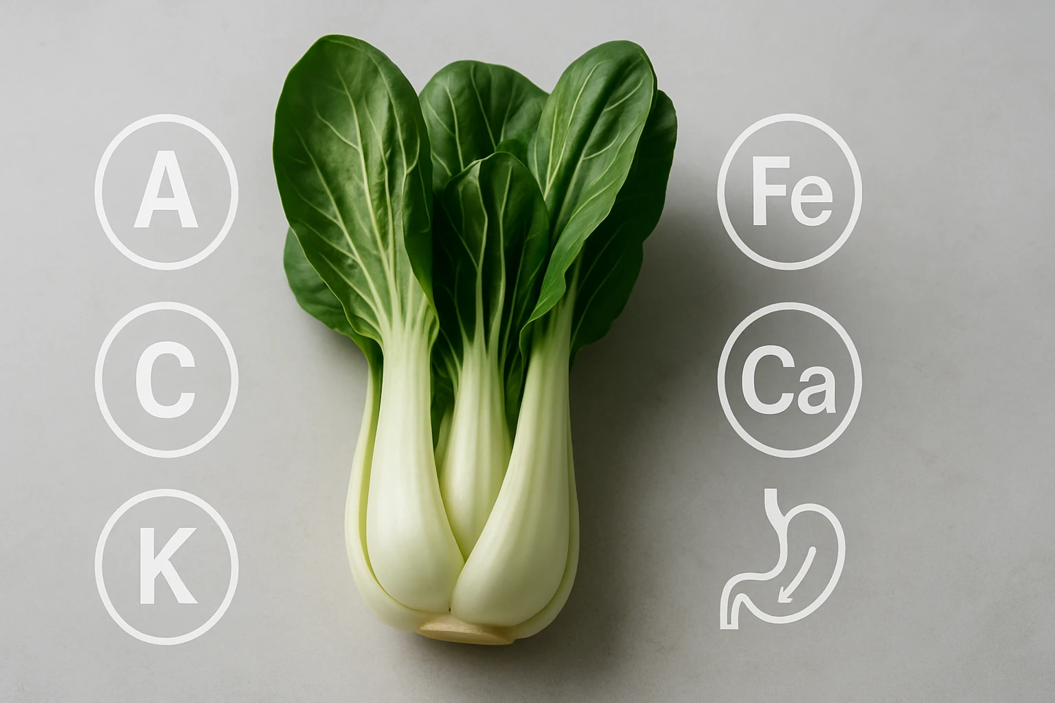 Zelená zelenina bok choy s listami a bielym stonkom na svetlom pozadí.