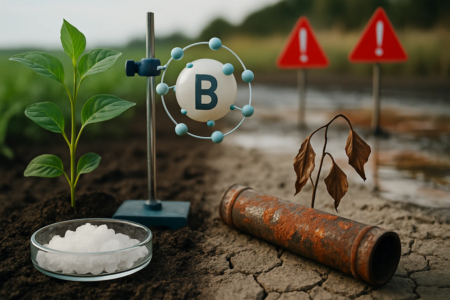 Rastlina, molekula bóru a hrdzavá roura na suchom poli s varovnými značkami.