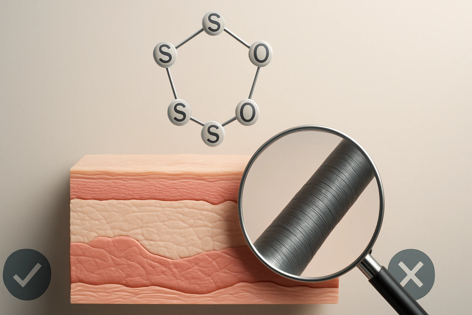 Mikroszkóp alatt látható bőr rétegei és kémiai szerkezet ábrázolása.