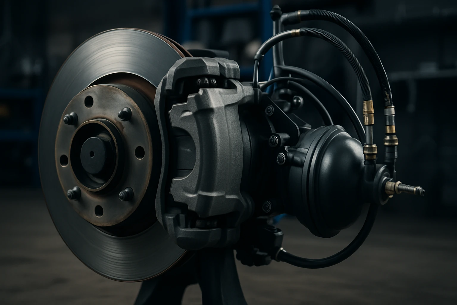 Detailný pohľad na brzdový systém automobilu, vrátane brzdového kotúča a strmeňa.