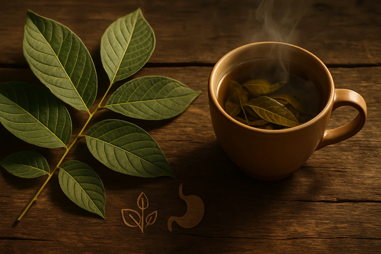 Hnedý hrnček s bylinkovým čajom a zelené listy na drevenom stole.