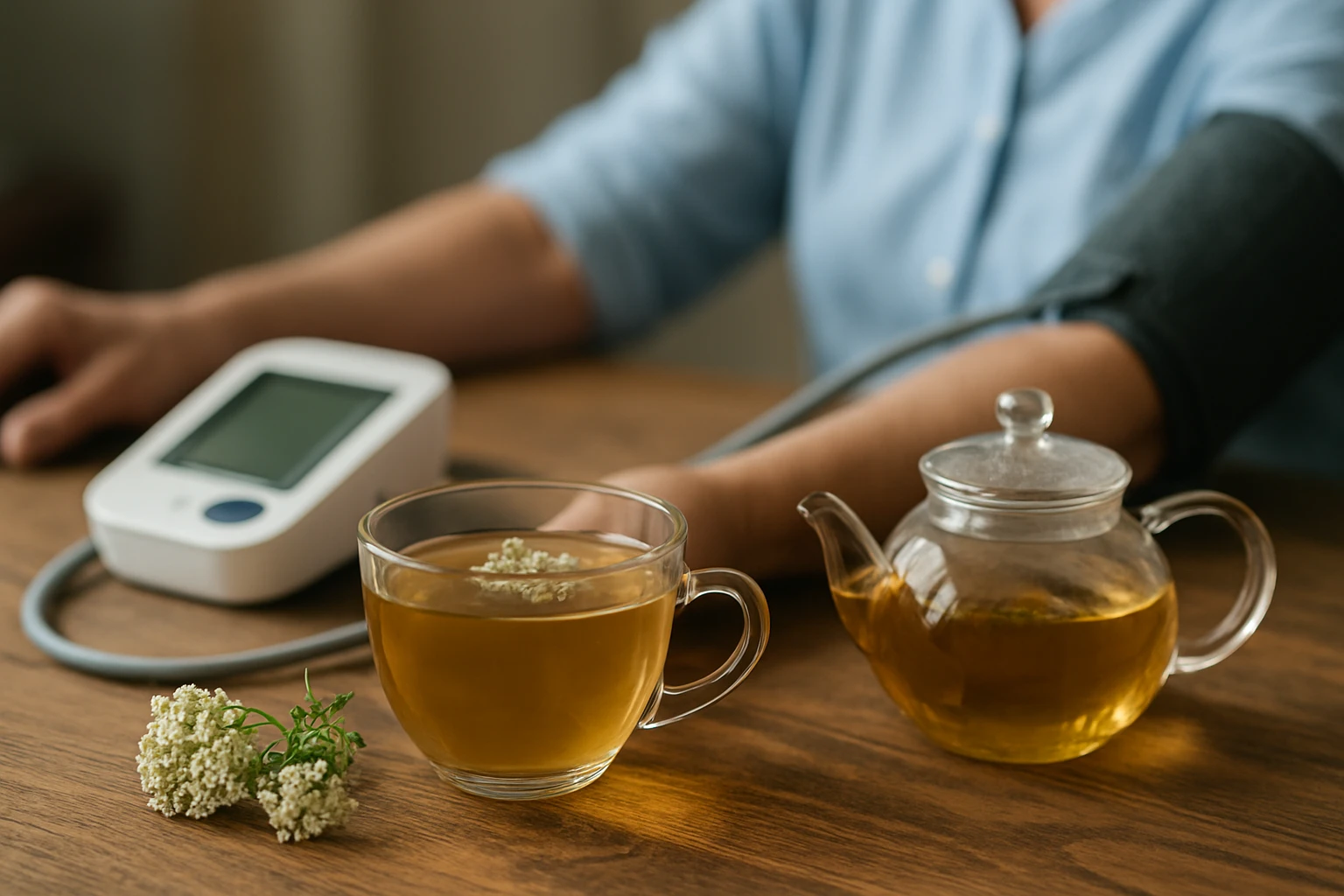 Pohár bylinkového čaju a čajník na drevenom stole vedľa tonometra.